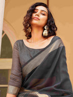 Tikhi Imli Charcoal & Gold-Toned Polycotton Zari Ready to Wear Saree | Grocsy