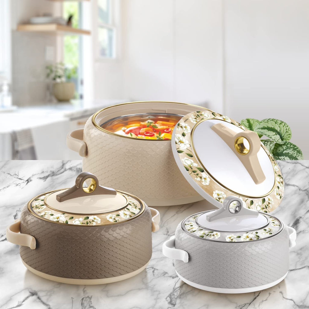 Nayasa Casserole Insulated Serving Tureen Hot Pot Thermoware with Inner Stainless Steel (Beige, 1PC (1500ml))(SH) | Grocsy