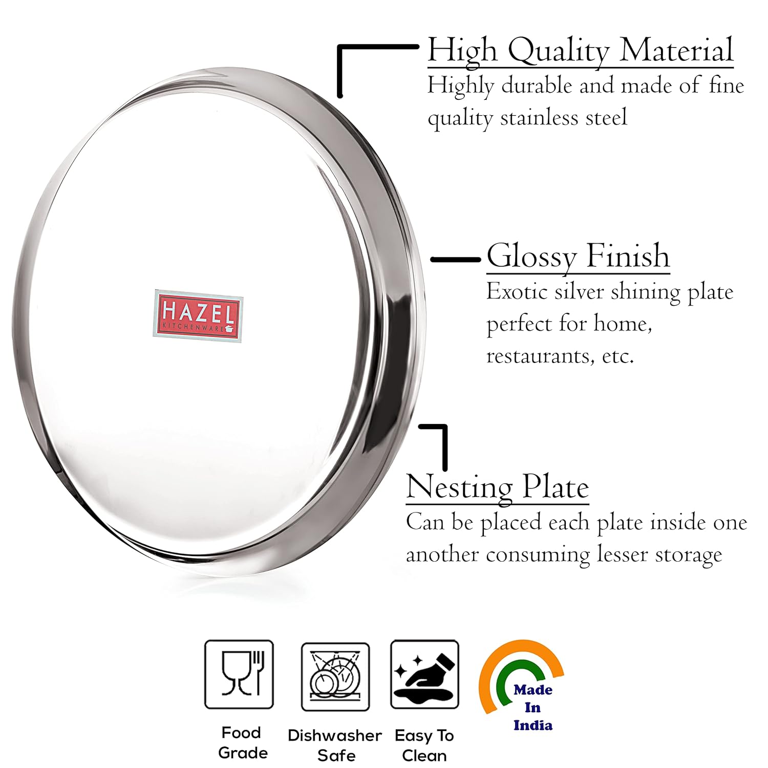 HAZEL Stainless Steel Plates Set|Dinner & Lunch Set of 6, 25.5 cm | Grocsy