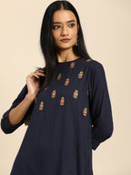 All About You Women Navy Blue Floral Embroidered Regular Thread Work Kurta with Trousers | Grocsy