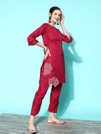 Sangria Women Floral Embroidered Patchwork Kurta with Trousers | Grocsy