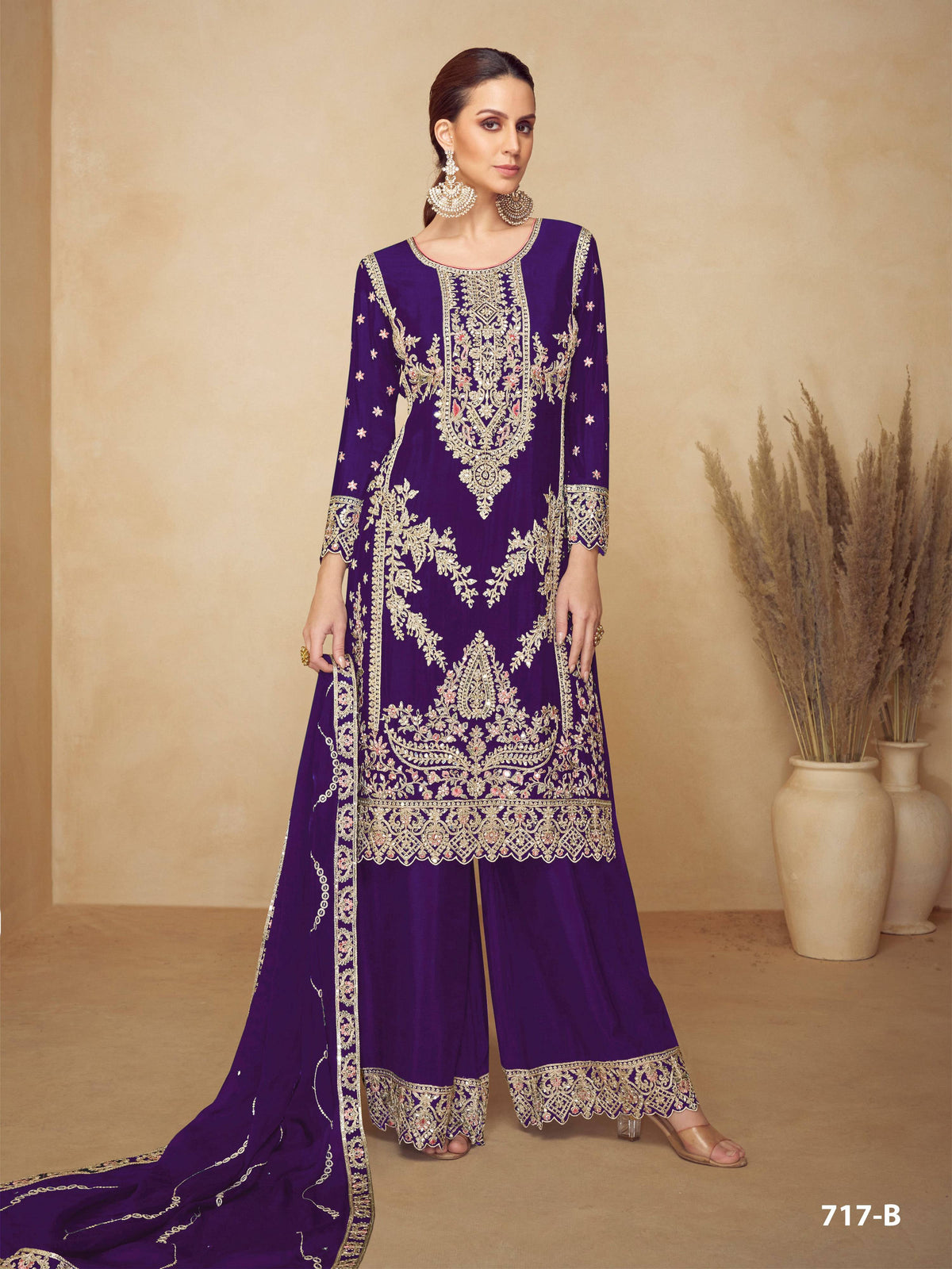 Anaita Purple Chinon Plazzo Suit With Codding Dori & Sequence Work | Grocsy