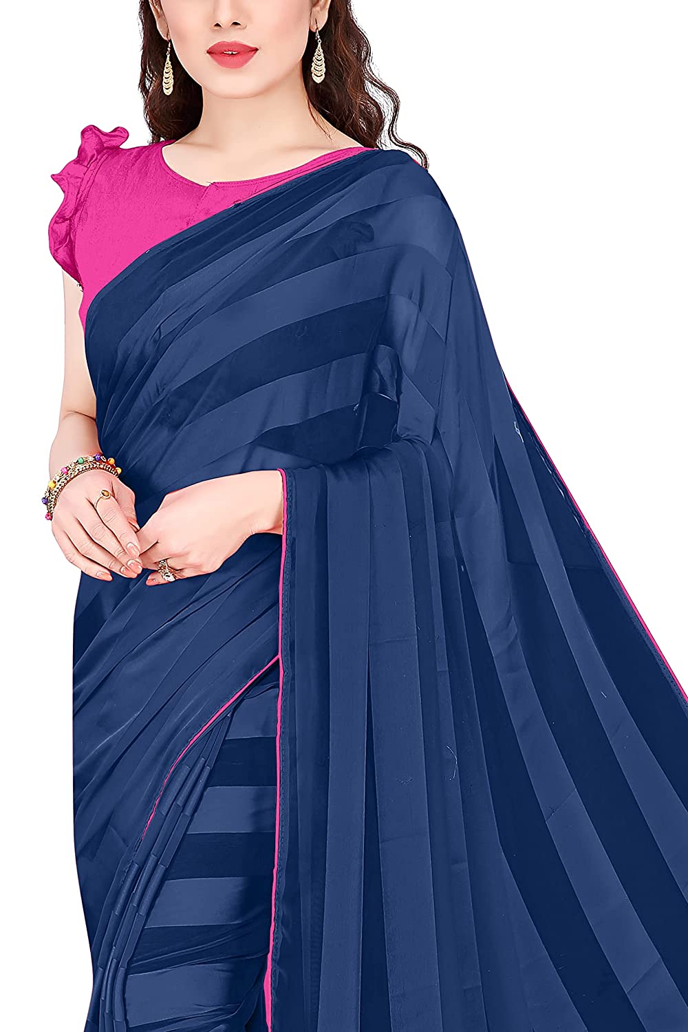 Mirchi Fashion Women'S Georgette Shiny Satin Stripes Laining Pattern Saree | Grocsy