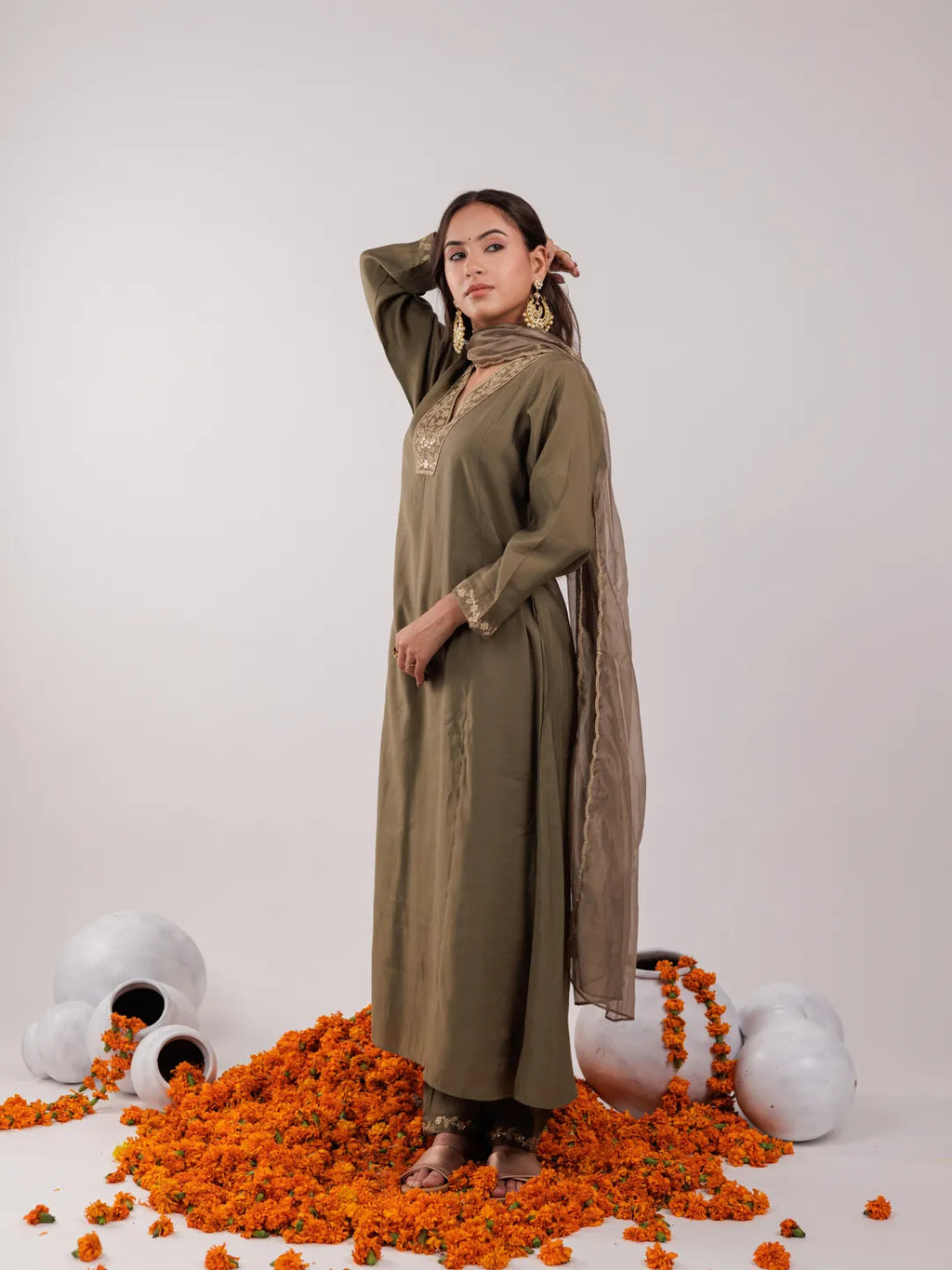 Yufta Olive Green Silk Embroidered Kurta Dupatta Set | Grocsy