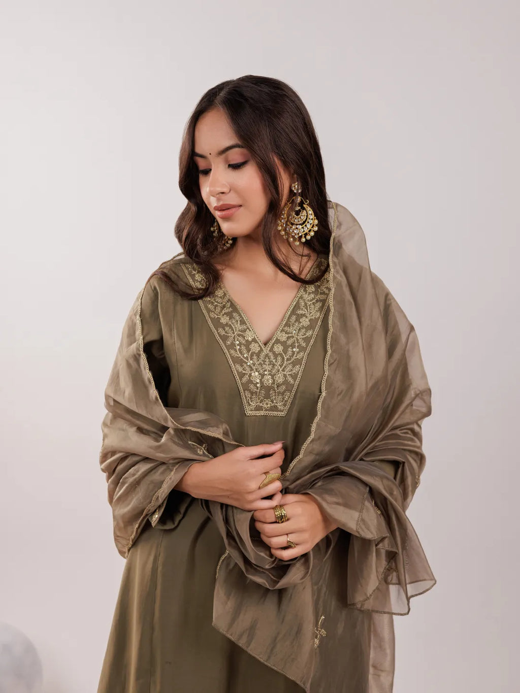 Yufta Olive Green Silk Embroidered Kurta Dupatta Set | Grocsy
