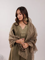 Yufta Olive Green Silk Embroidered Kurta Dupatta Set | Grocsy