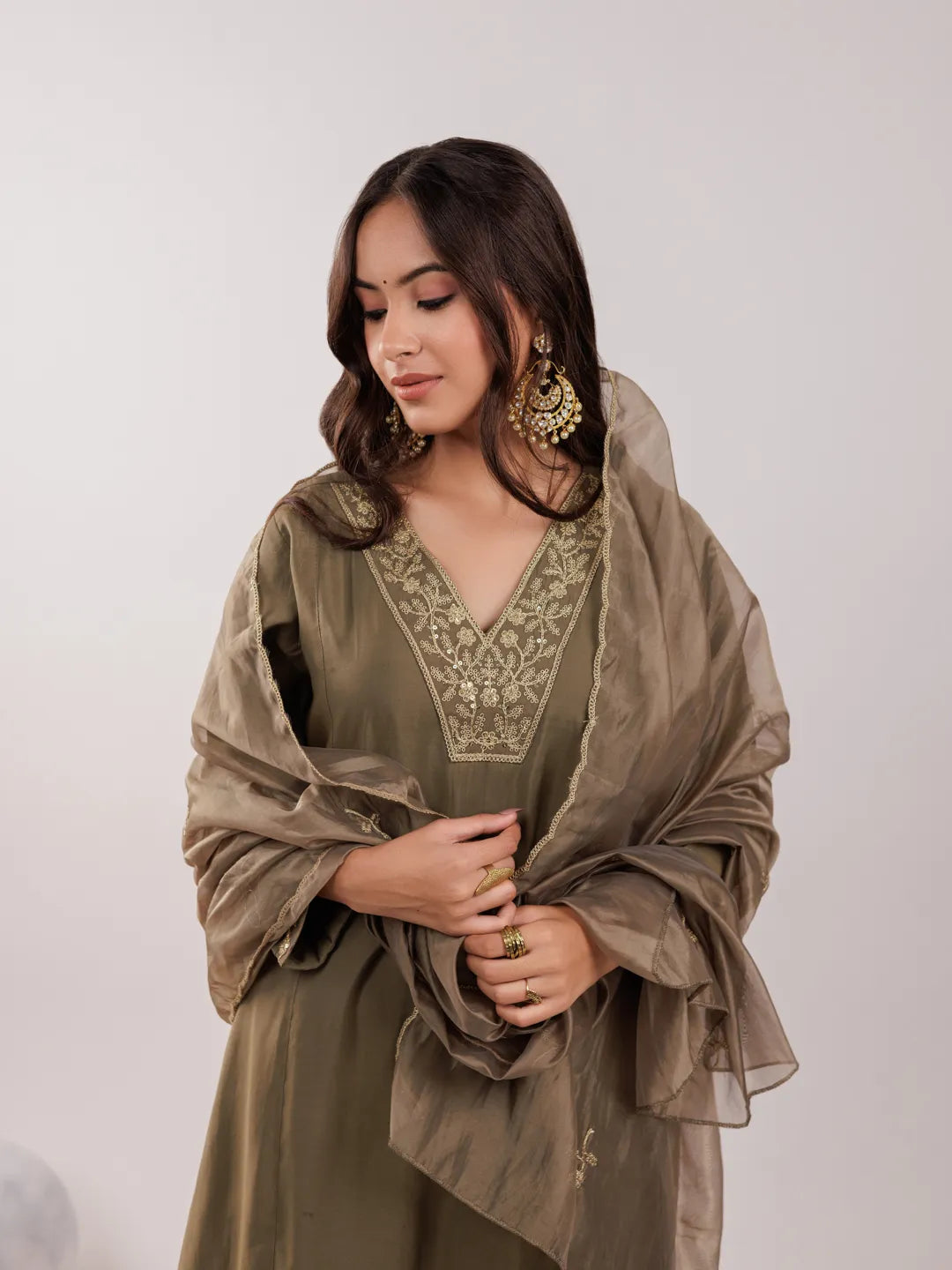 Yufta Olive Green Silk Embroidered Kurta Dupatta Set | Grocsy