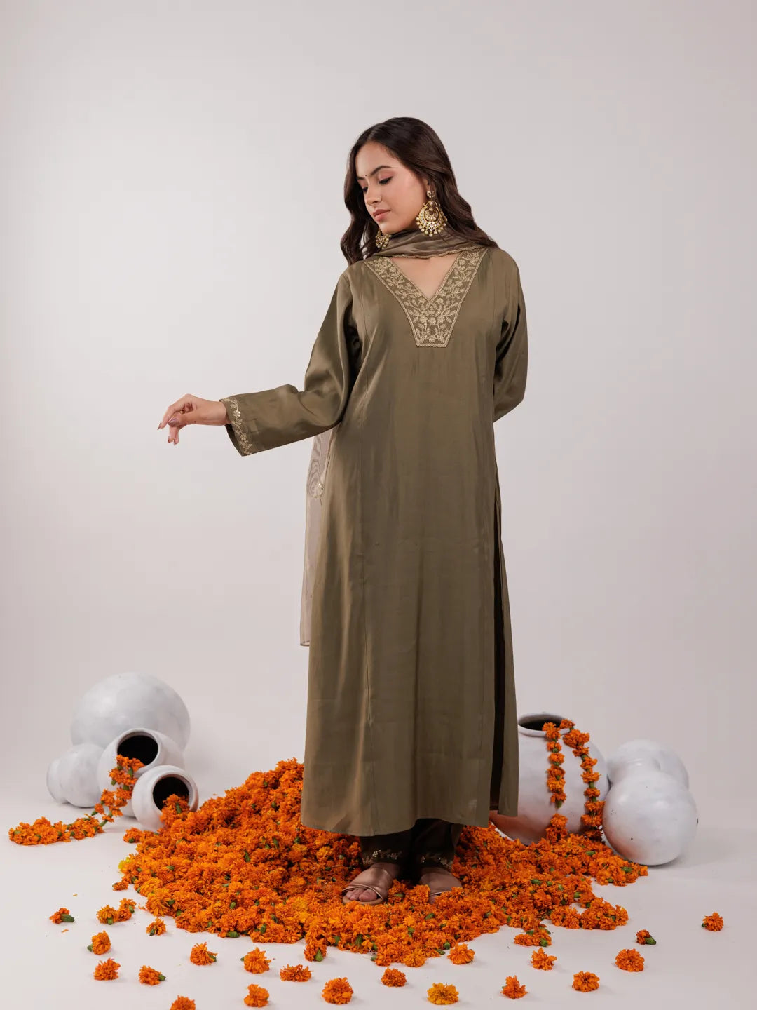 Yufta Olive Green Silk Embroidered Kurta Dupatta Set | Grocsy
