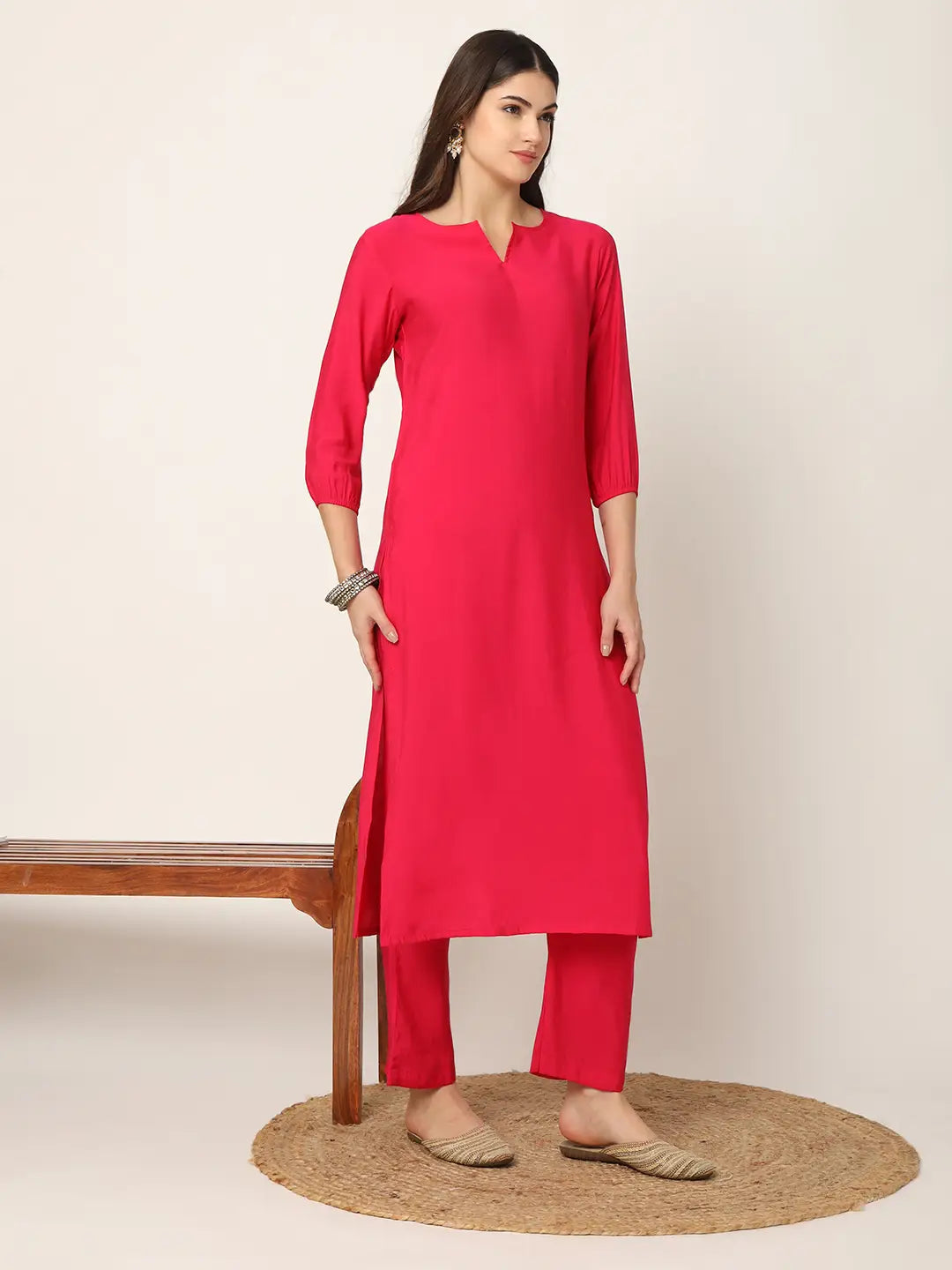 Yufta Pink Straight Solid Kurta Dupatta Set | Grocsy