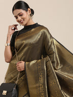 Saree Mall Black & Gold-Toned Ethnic Motifs Zari Silk Blend Banarasi Saree | Grocsy