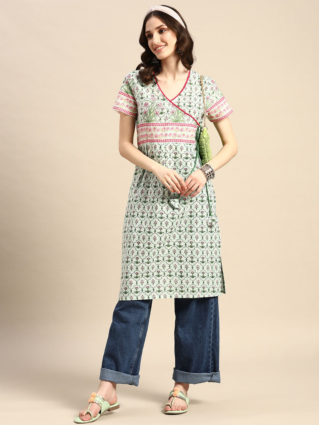 Sangria Pure Cotton Ethnic Motifs Printed Angrakha Kurta | Grocsy
