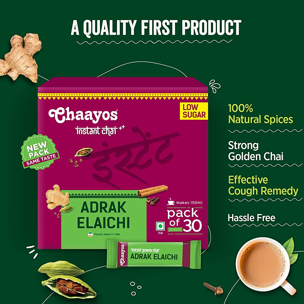 Chaayos Instant Adrak Elaichi Tea Premix (Low Sugar) | Grocsy