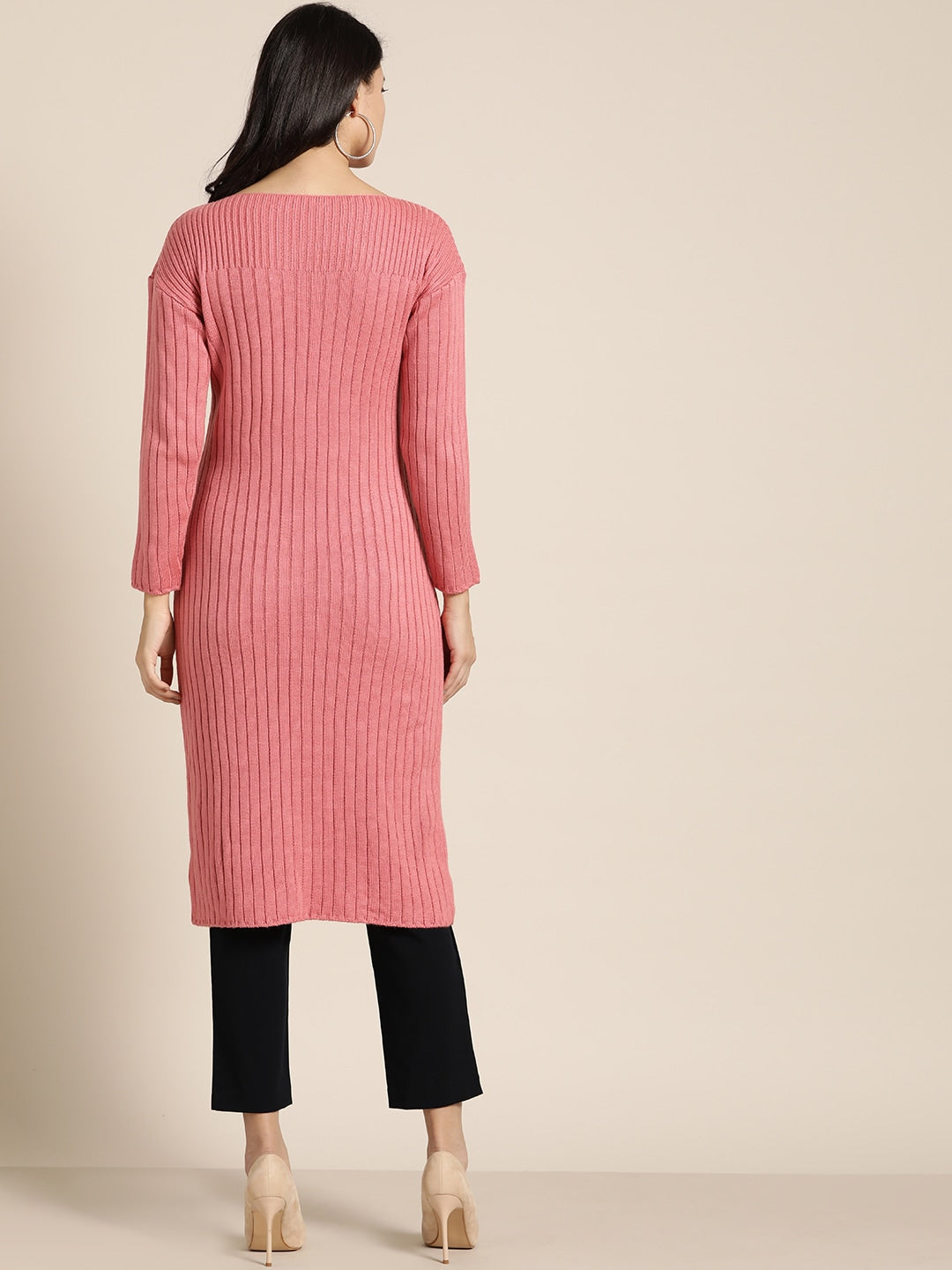 Sangria Pink Self-Striped Straight Winter Kurta | Grocsy