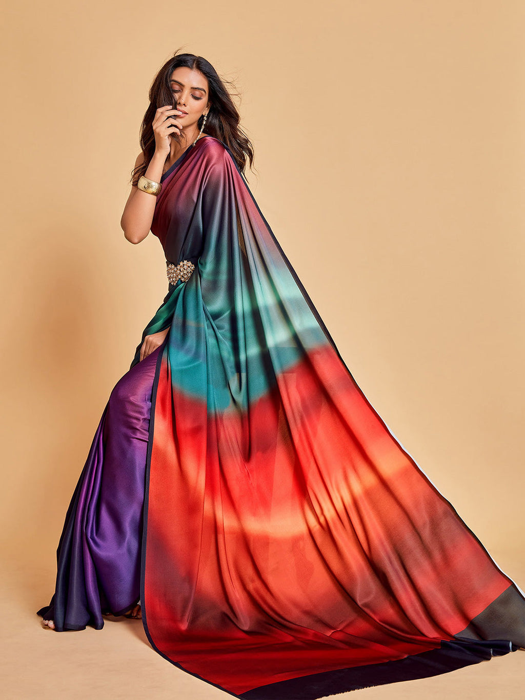 Sangria Violet & Orange Ombre Satin Saree | Grocsy