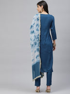 HERE&NOW Women Blue Embroidered Kurta with Trousers & Dupatta | Grocsy