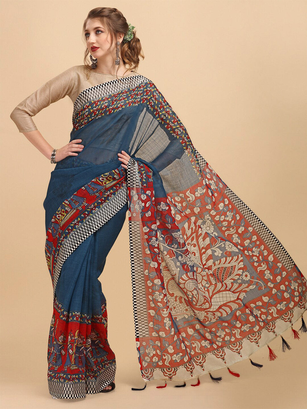 Sangria Ethnic Motif Printed Pure Linen Saree | Grocsy