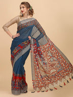 Sangria Ethnic Motif Printed Pure Linen Saree | Grocsy