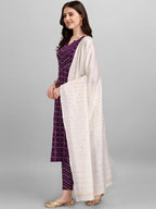 HERE&NOW Purple Ethnic Motifs Printed Pure Cotton Kurta with Trousers & With Dupatta | Grocsy