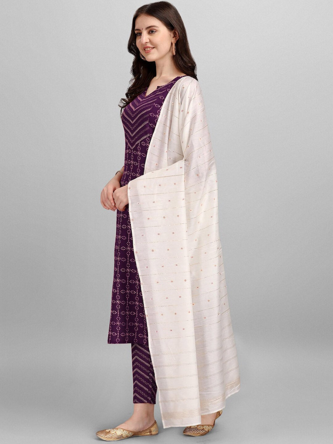 HERE&NOW Purple Ethnic Motifs Printed Pure Cotton Kurta with Trousers & With Dupatta | Grocsy