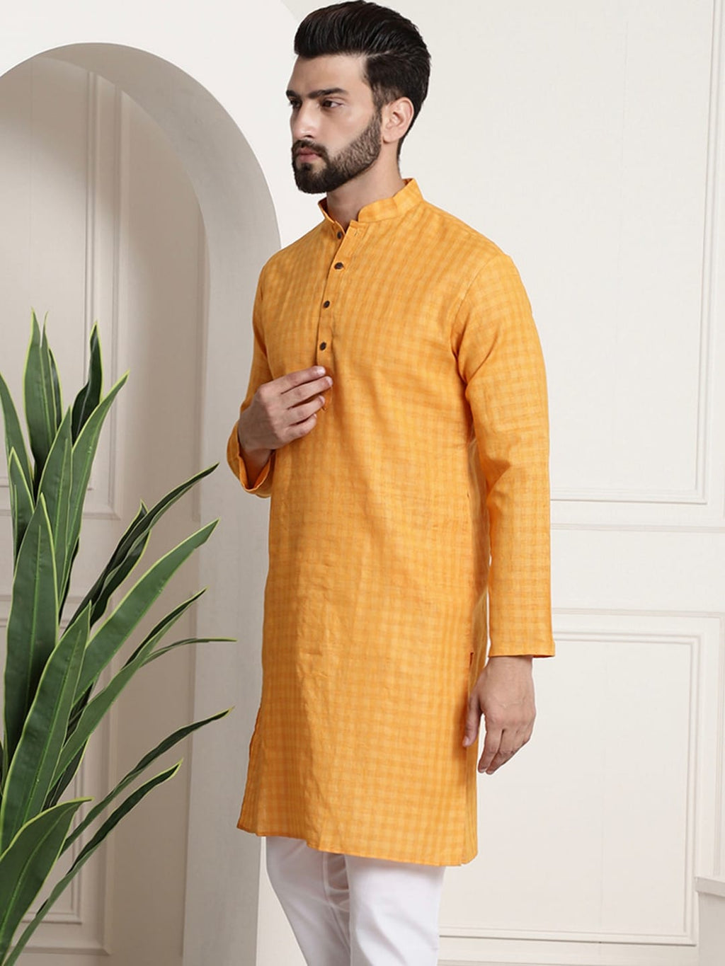 Sojanya Men Mustard Yellow Dobby Self-Checked Straight Kurta | Grocsy