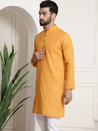 Sojanya Men Mustard Yellow Dobby Self-Checked Straight Kurta | Grocsy