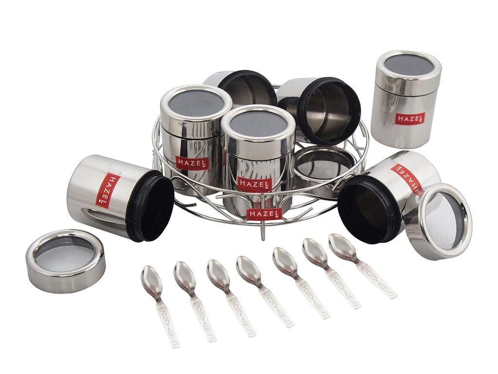 HAZEL Stainless Steel Masala Container|Masala Boxes for Kitchen with 7 Spoons(Set of 7) | Grocsy