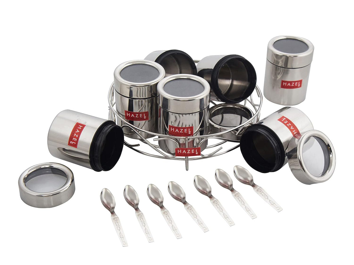 HAZEL Stainless Steel Masala Container|Masala Boxes for Kitchen with 7 Spoons(Set of 7) | Grocsy