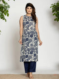 Yufta Blue Cotton Sleeveless Kurta Set | Grocsy