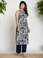 Yufta Blue Cotton Sleeveless Kurta Set | Grocsy