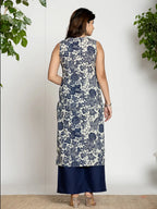 Yufta Blue Cotton Sleeveless Kurta Set | Grocsy
