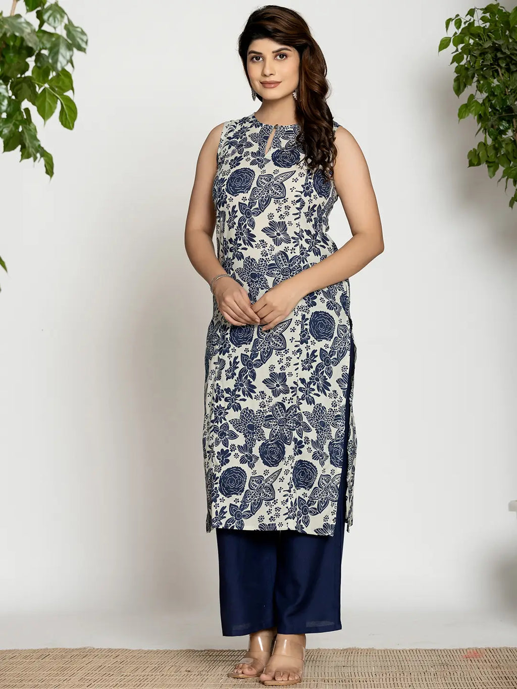 Yufta Blue Cotton Sleeveless Kurta Set | Grocsy