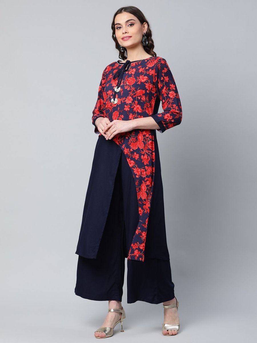 Ahalyaa Women's Navy Blue Rayon Wax Printed Kurta Palazzo Set | Grocsy