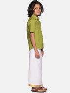 Sethukrishna Boys Green & White Solid Pure Cotton Shirt with Readymade Dhoti | Grocsy