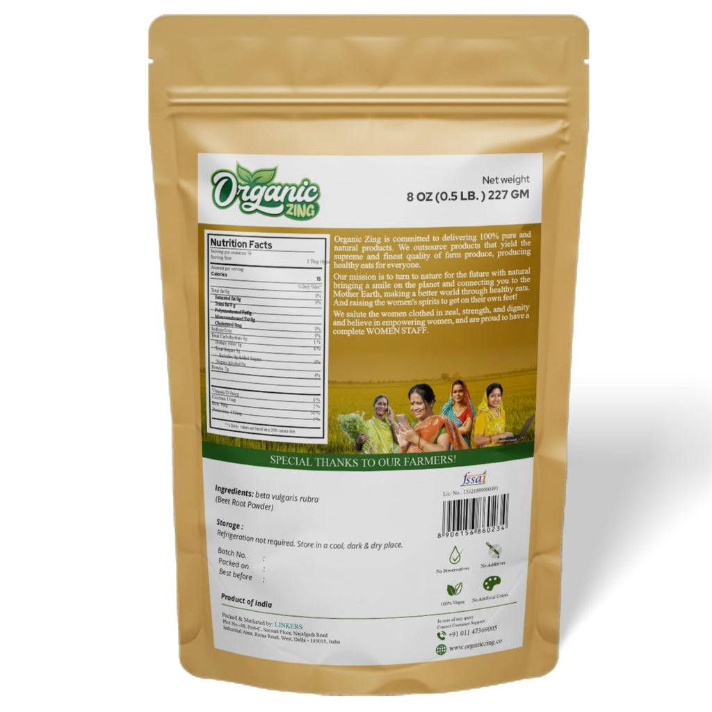 Organic Zing Beetroot Powder/Vegan/Preservative Free/Product of India - 227gm Resalable Pack (Pack of 2) | Grocsy