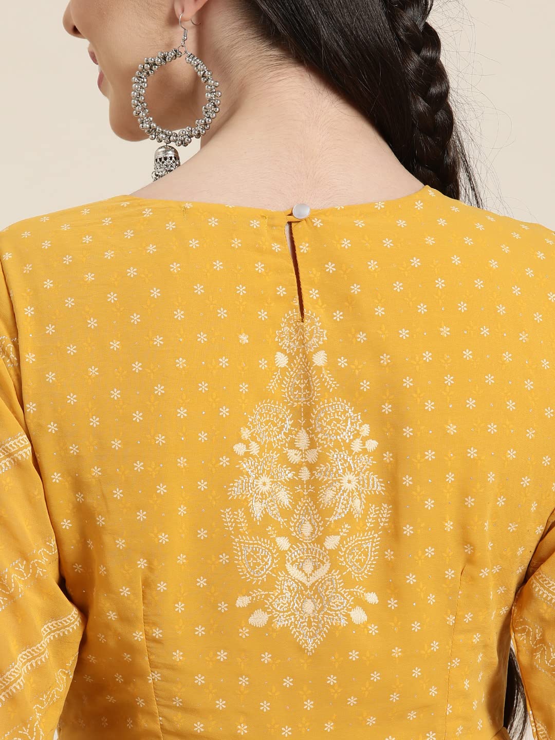 Juniper Women's Yellow Floral Printed Georgette Maxi Dress With Beads Kantha Work & Sequins At Neckline | Grocsy