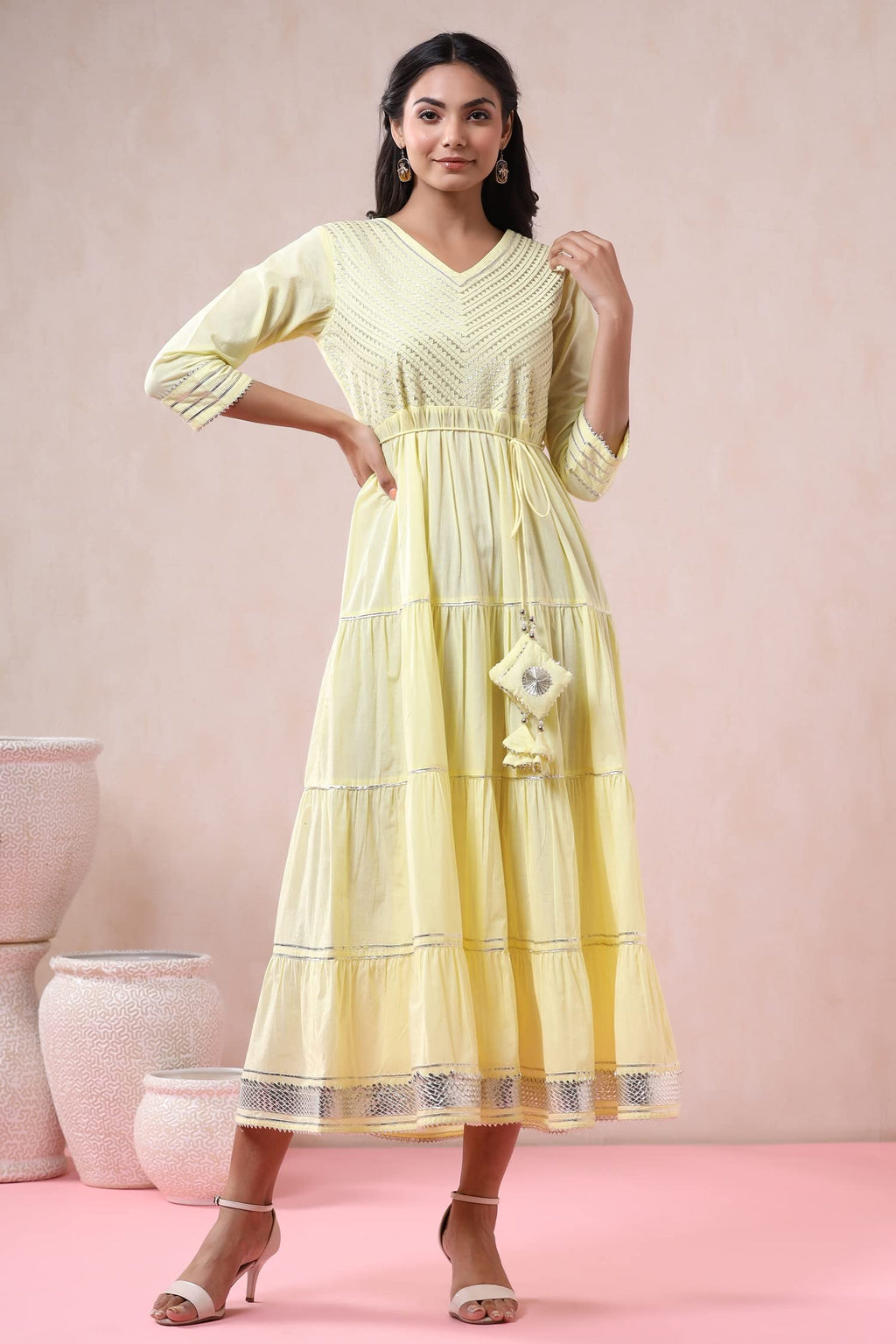 Juniper Women's Yellow Solid Pure Cotton Solid Tiered Maxi Dress With Gota Work Dori Tie-Up & Cushioned Tassels At Waist | Grocsy
