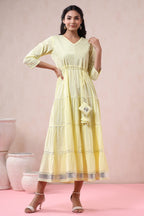 Juniper Women's Yellow Solid Pure Cotton Solid Tiered Maxi Dress With Gota Work Dori Tie-Up & Cushioned Tassels At Waist | Grocsy
