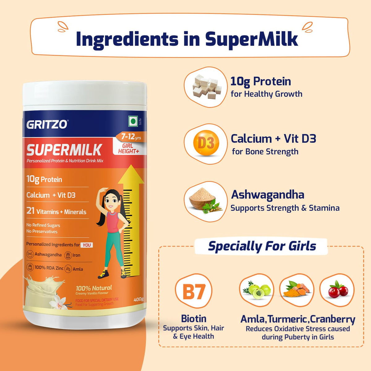 Gritzo SuperMilk Height+ (7-9y Girls), 10g Protein (Creamy Vanilla) | Grocsy