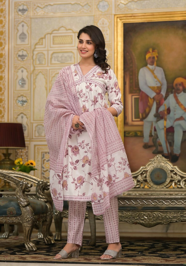 Partywear Designer Lavender Cotton Stitched Suit With Dupatta - Tanisha | Grocsy
