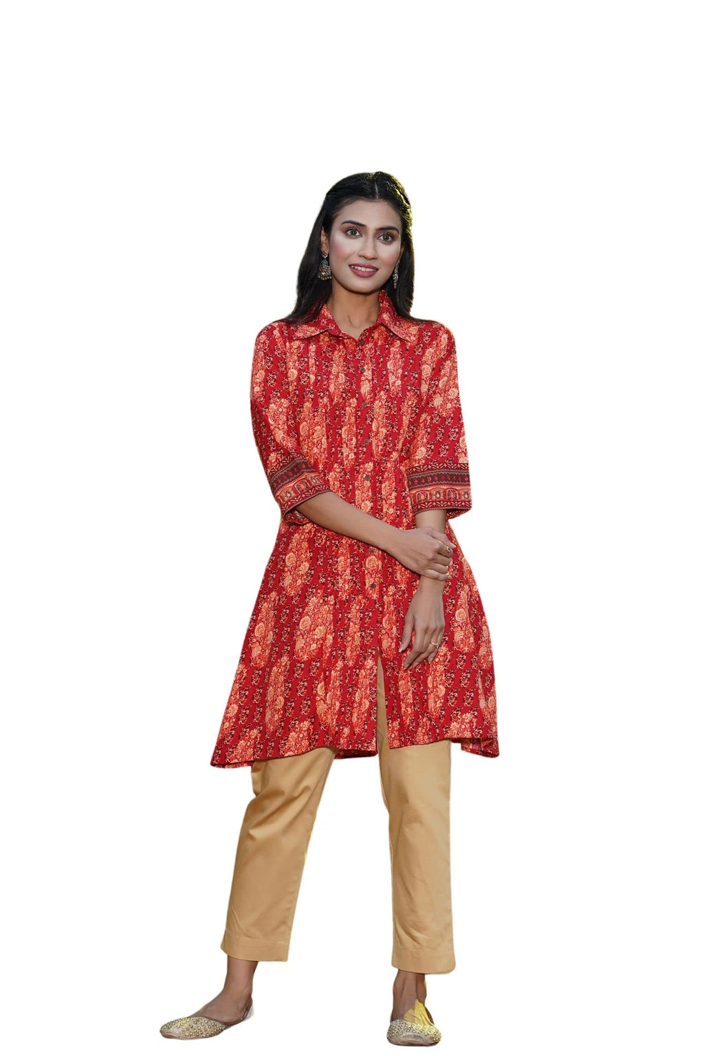 Juniper Women's Red Ethnic Motif Printed Rayon A-Line Kurta with Buttons | Grocsy