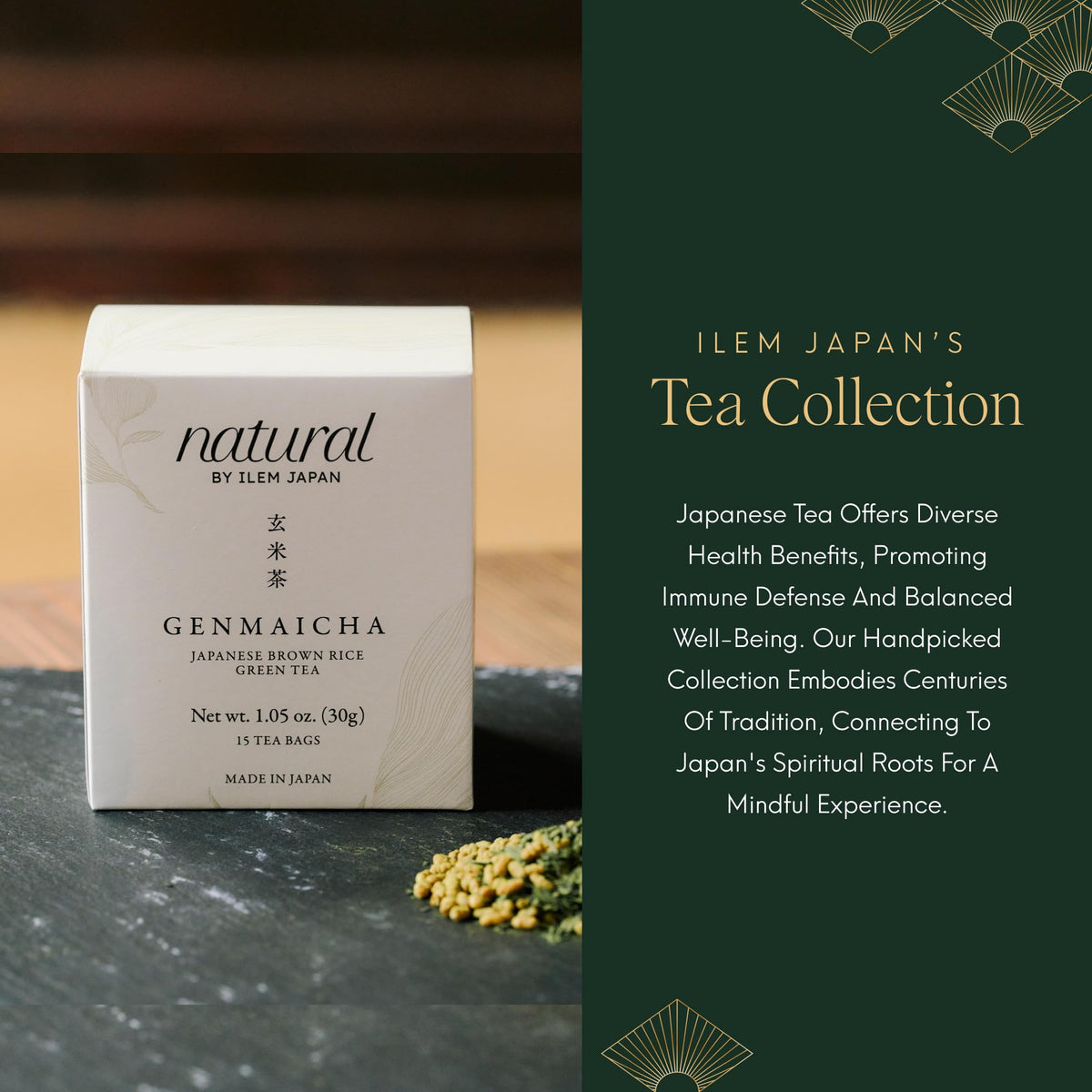ILEM JAPAN Genmaicha Japanese Brown Rice Roasted Green Tea | Grocsy