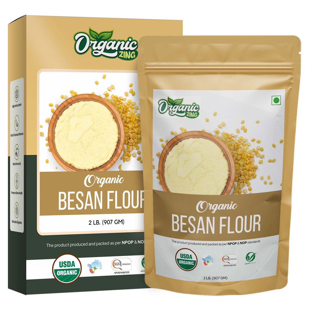 Organic Zing Besan Flour also known as Chickpea Flour, Bengal Gram Flour or Garbanzo Bean Flour |Vegan| Preservative Free | Resealable Pack | Grocsy