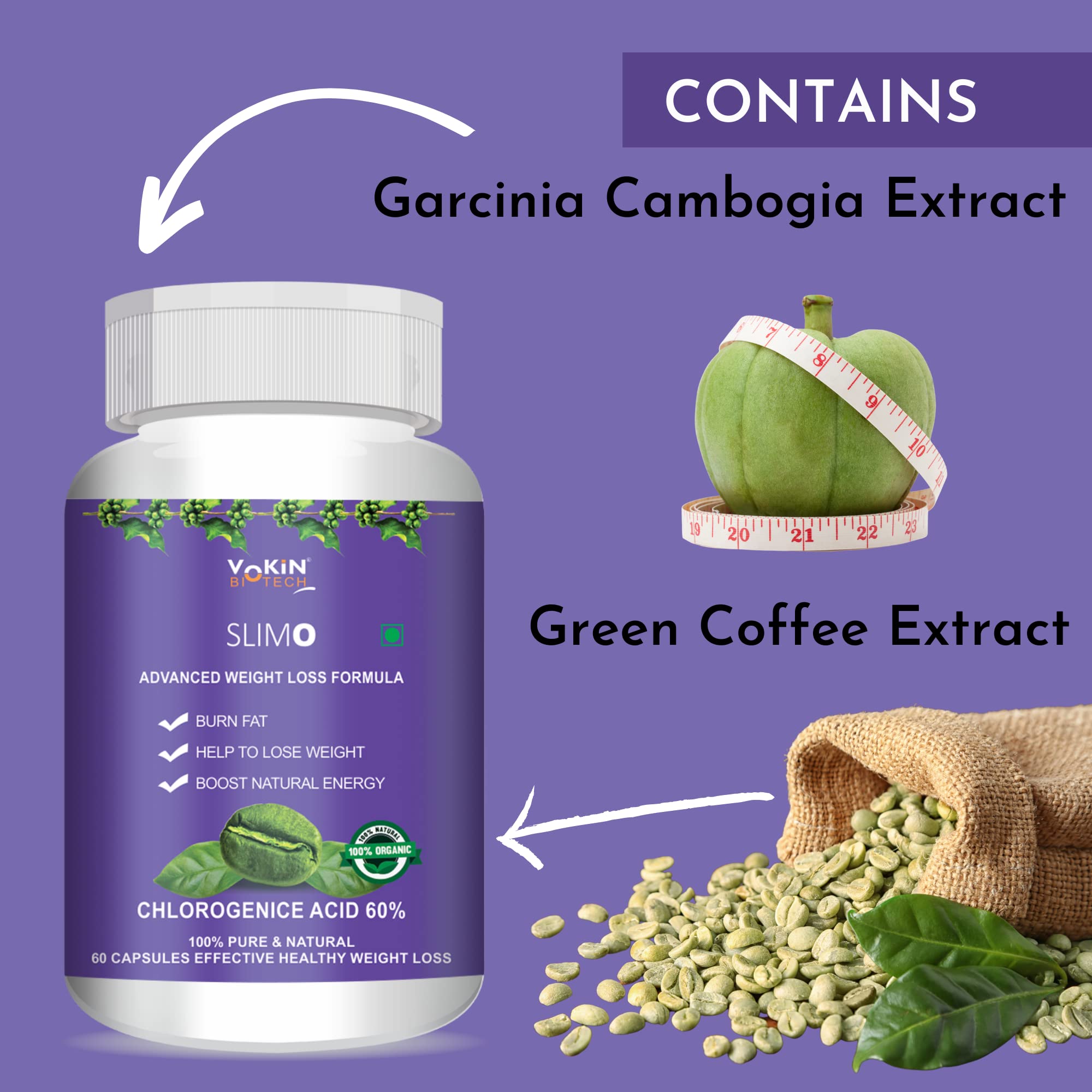 Vokin Biotech Slimo Advanced Weight Loss Formula with Green Coffee Extract 100mg and Garcinia Cambogia Extract 500mg Fat Burner for Men and Women | Grocsy