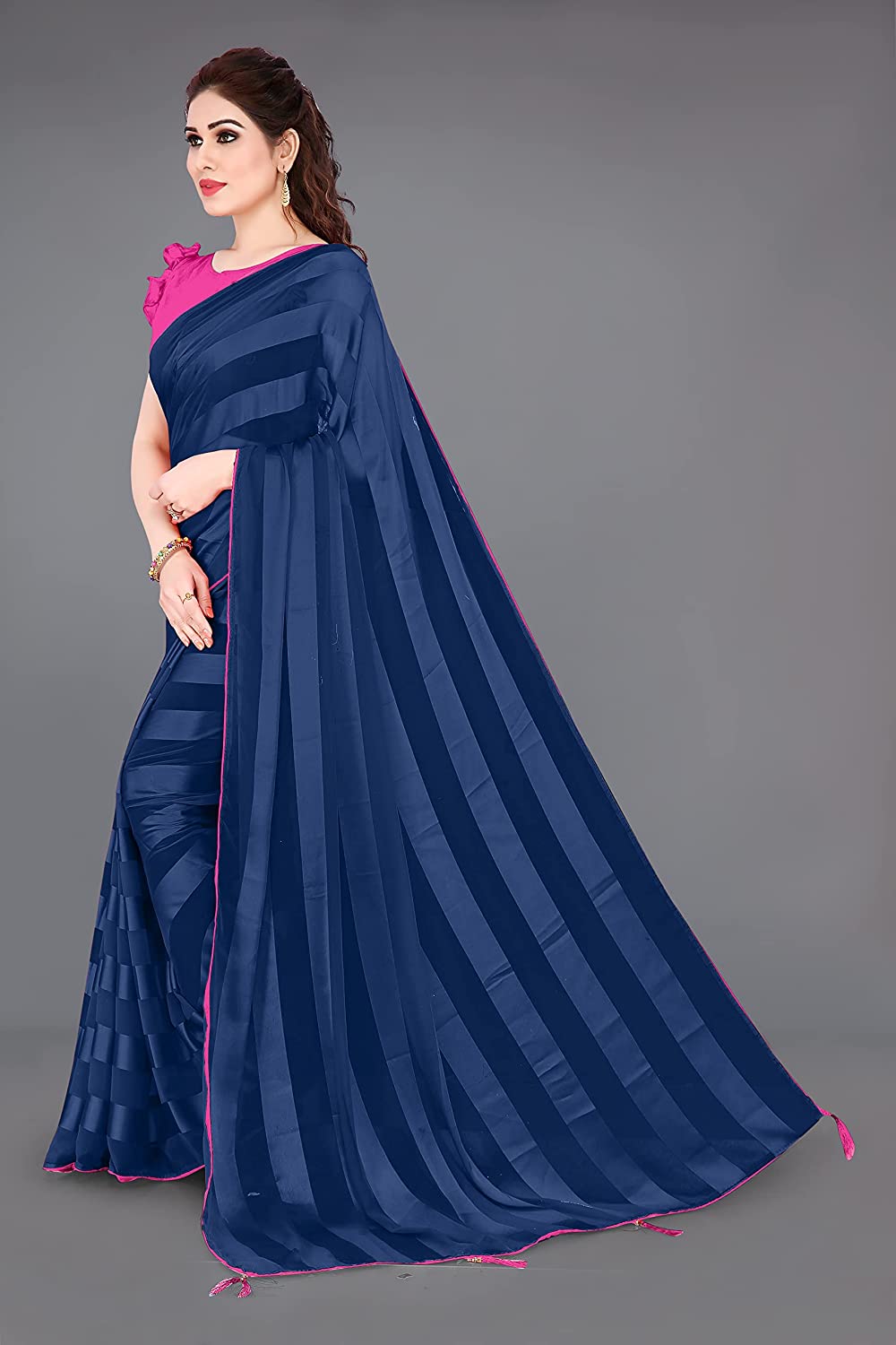 Mirchi Fashion Women'S Georgette Shiny Satin Stripes Laining Pattern Saree | Grocsy