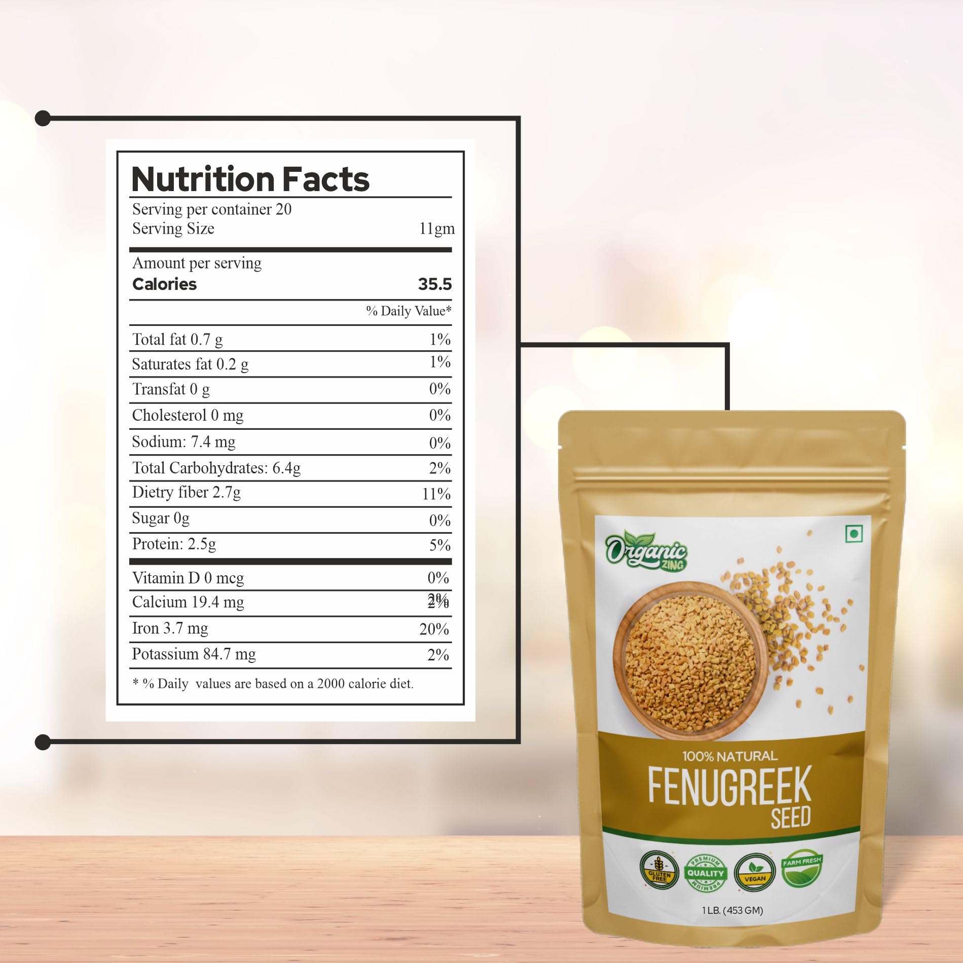 Organic Zing Fenugreek Seeds Also Known As Methi Seeds and Trigonella Foenum-Graecum Vegan | Preservative Free | Resealable Pack | Grocsy