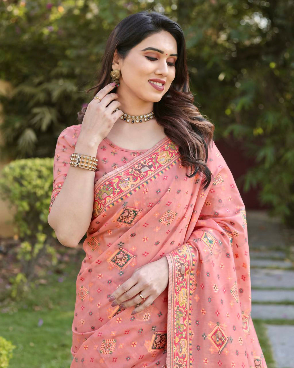 Vastranavya Luxury and Beautiful Soft, Smooth, Flowing Original Pashmina Soft Cotton Saree with Matching Blouse Fabric - Peach | Grocsy