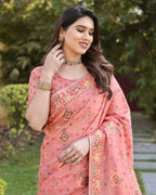 Vastranavya Luxury and Beautiful Soft, Smooth, Flowing Original Pashmina Soft Cotton Saree with Matching Blouse Fabric - Peach | Grocsy