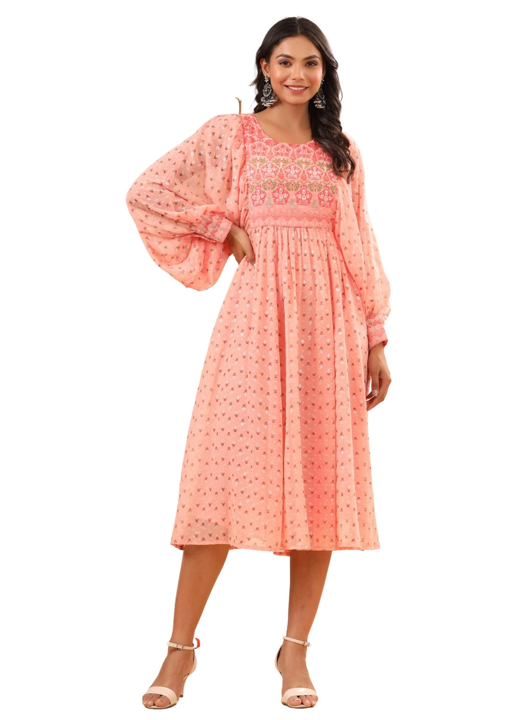 Juniper Women's Peach Ethnic Motif Printed Georgette Midi Dress With Sequins Work | Grocsy