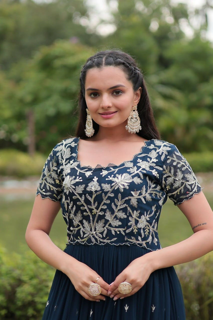 Vastranavya Premium Designer Faux Blooming with Coding Sequins Embroidery work Gown - Teal | Grocsy