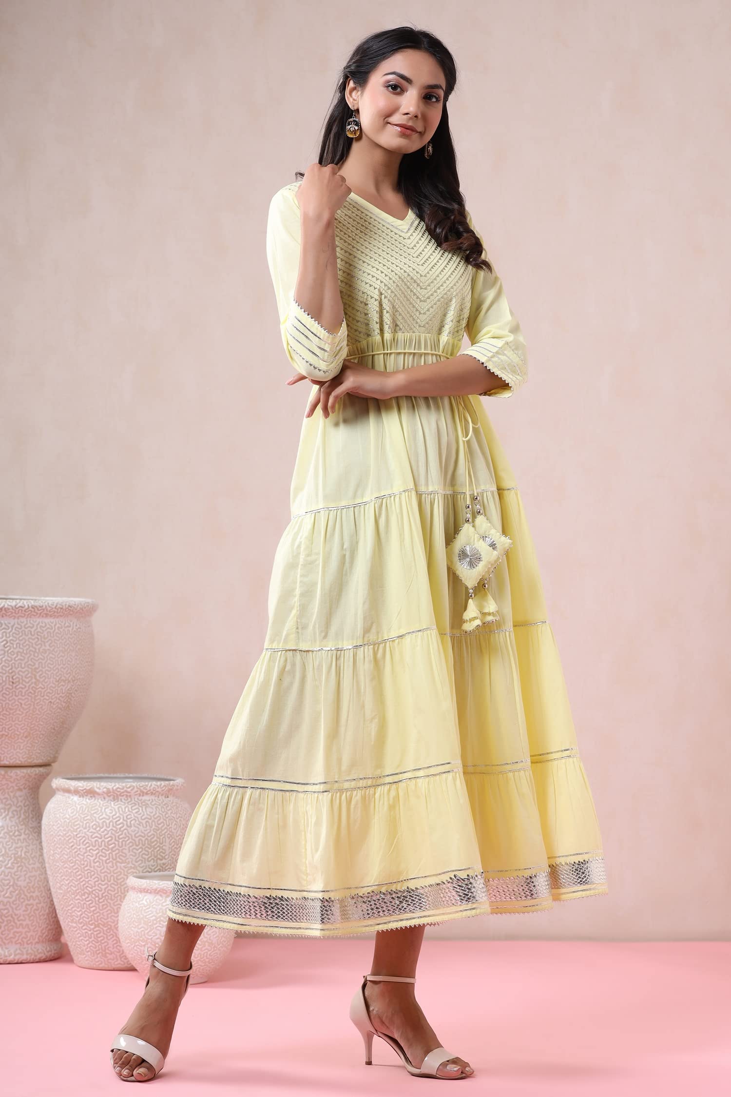 Juniper Women's Yellow Solid Pure Cotton Solid Tiered Maxi Dress With Gota Work Dori Tie-Up & Cushioned Tassels At Waist | Grocsy